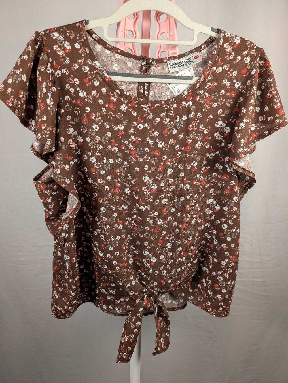 Morning Kisses Floral Flutter Sleeve Tie Front Blouse Brown Large NWT